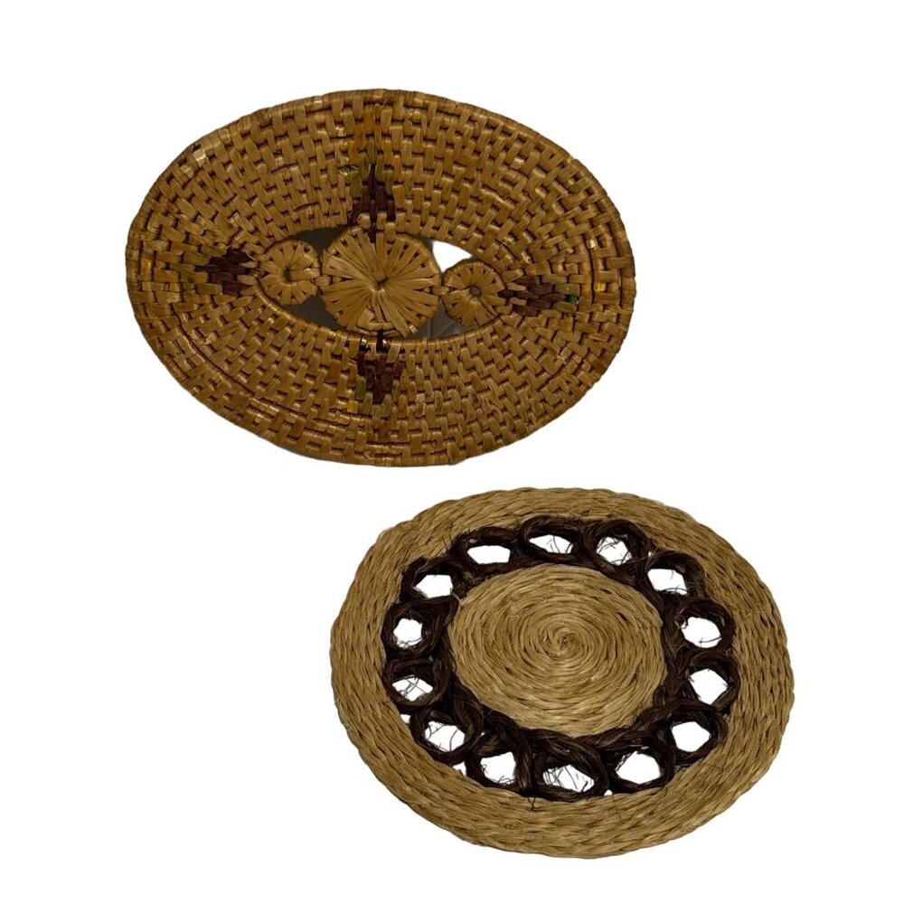 Vintage Rattan & Straw Trivets Placemat Table Hot Plate Mat Brown Round Set Of 2